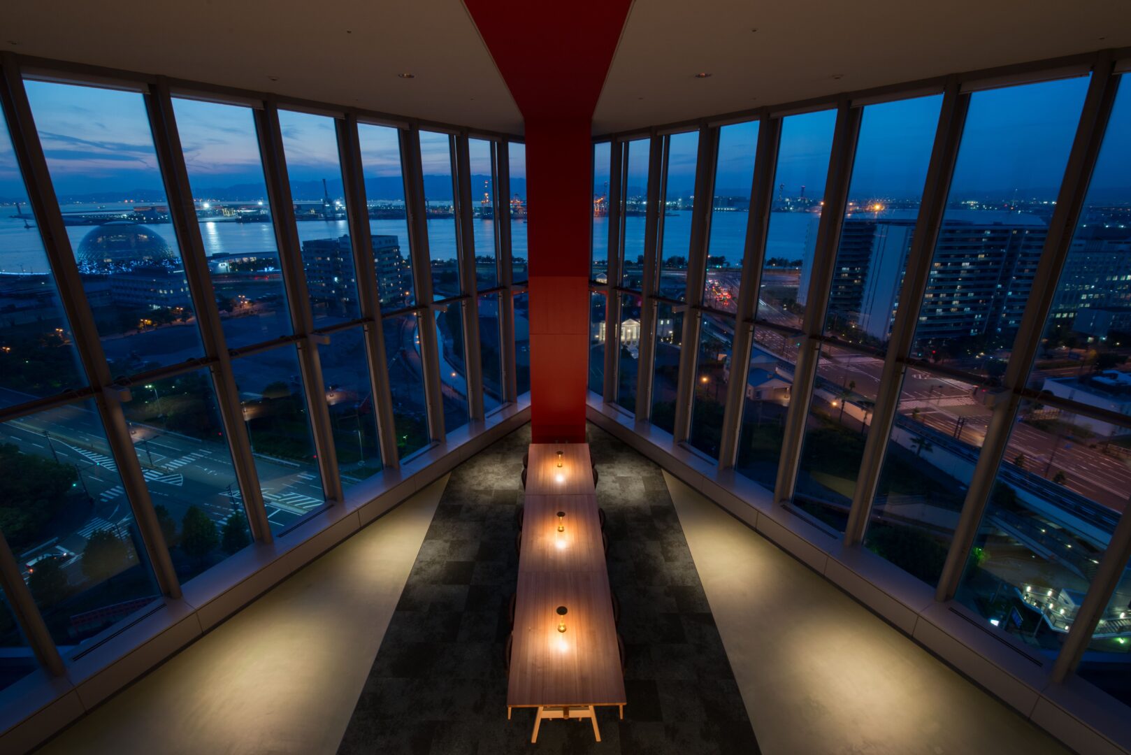 Panoramic view from ATC LOUNGE 12th floor overlooking Osaka Bay