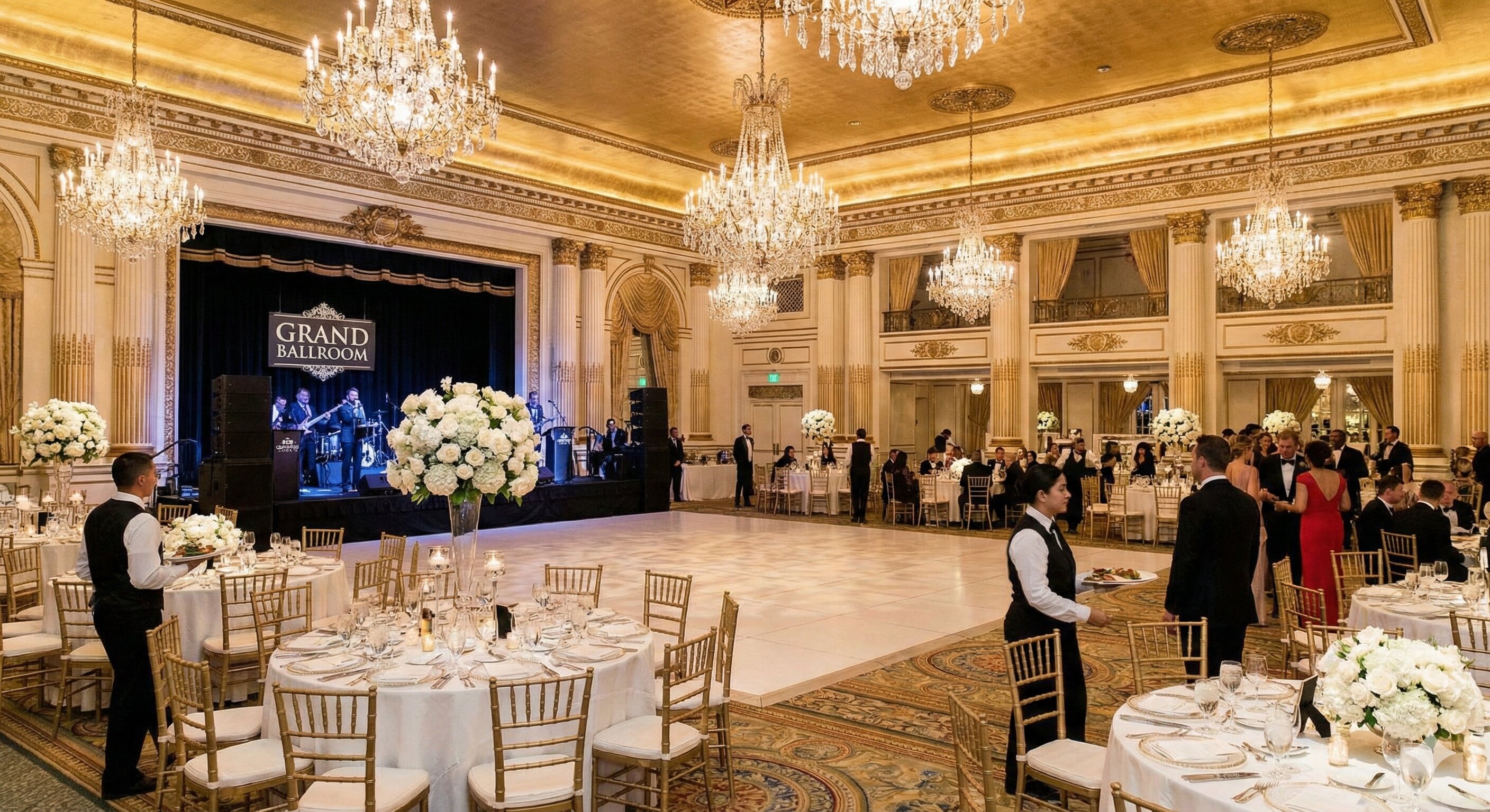 Large hotel banquet hall with elegant chandeliers